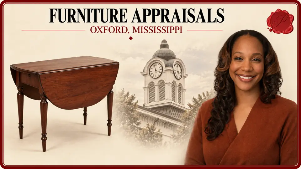 Furniture Appraisals in Oxford, Mississippi Furniture Appraisals card with wooden drop-leaf table, an appraiser portrait and Oxford, Mississippi courthouse.