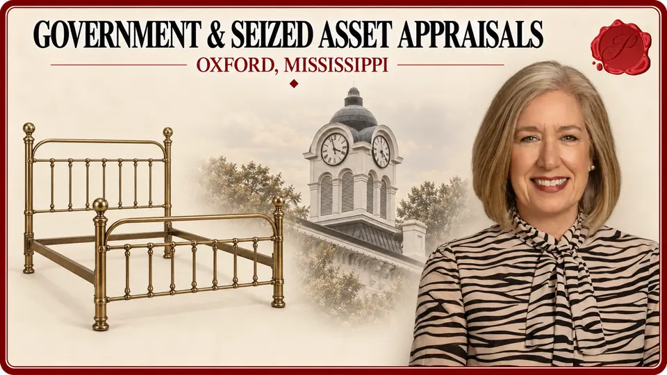 Government & Seized Asset Appraisals in Oxford, Mississippi Government & Seized Asset Appraisals card with brass bed frame, an appraiser portrait and Oxford, Mississippi courthouse.