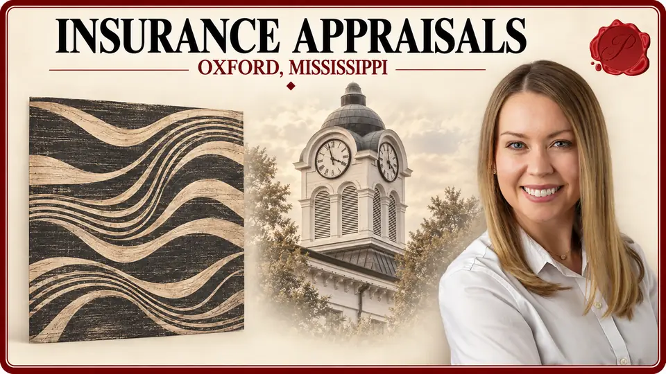 Insurance Appraisals in Oxford, Mississippi Insurance Appraisals card with abstract wave-pattern print, an appraiser portrait and Oxford, Mississippi courthouse.