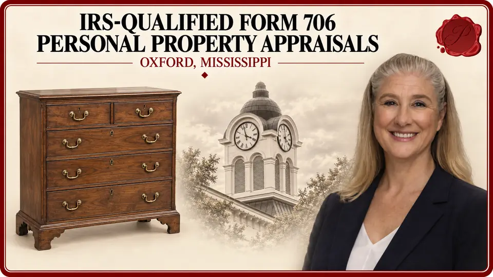 IRS-Qualified Form 706 Personal Property Appraisals in Oxford, Mississippi IRS-Qualified Form 706 Personal Property Appraisals card with wooden chest of drawers, an appraiser portrait and Oxford, Mississippi courthouse.