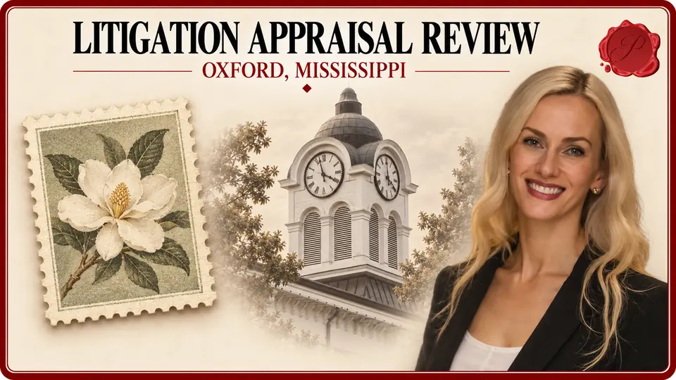 Litigation Appraisal Review in Oxford, Mississippi Litigation Appraisal Review card with unlettered magnolia postage stamp, an appraiser portrait and Oxford, Mississippi courthouse.