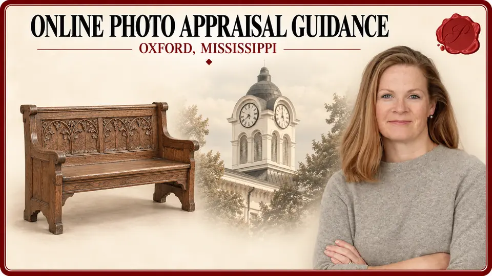 Online Photo Appraisal Guidance in Oxford, Mississippi Online Photo Appraisal Guidance card with carved wooden bench, an appraiser portrait and Oxford, Mississippi courthouse.