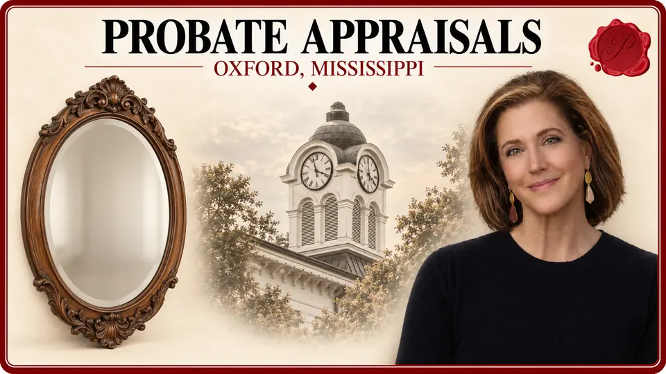 Probate Appraisals in Oxford, Mississippi Probate Appraisals card with ornate oval wooden mirror, an appraiser portrait and Oxford, Mississippi courthouse.