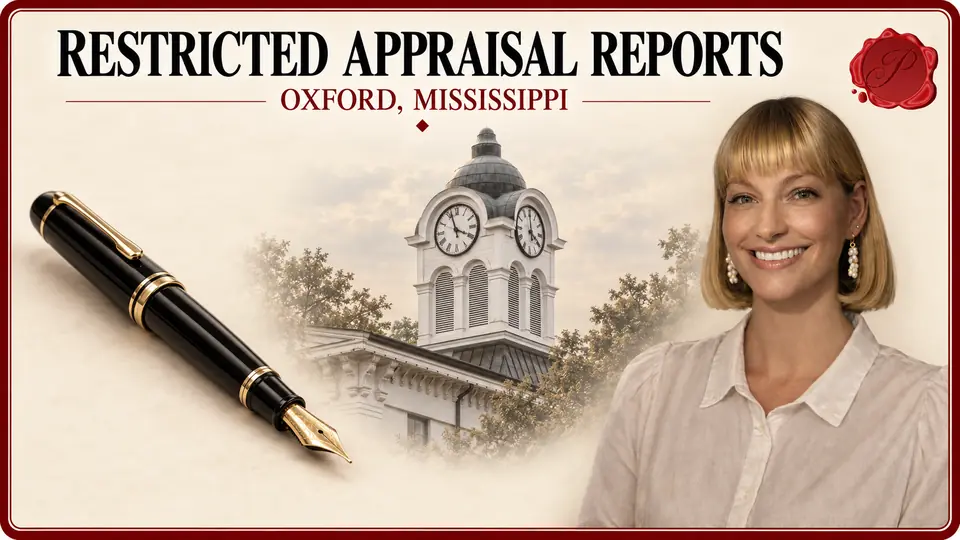 Restricted Appraisal Reports in Oxford, Mississippi Restricted Appraisal Reports card with black and gold fountain pen, an appraiser portrait and Oxford, Mississippi courthouse.