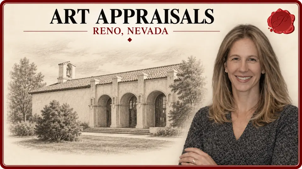 Art Appraisals in Reno, Nevada Art Appraisals card with a charcoal-style drawing of the California Building in Reno, Nevada, and an appraiser portrait.