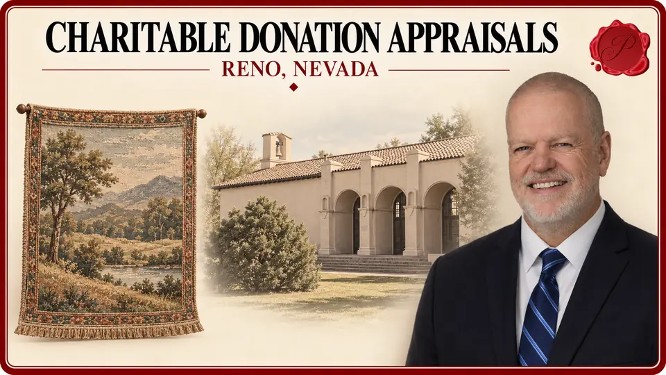 Charitable Donation Appraisals in Reno, Nevada Charitable Donation Appraisals card with woven landscape tapestry, an appraiser portrait and the California Building in Reno, Nevada.