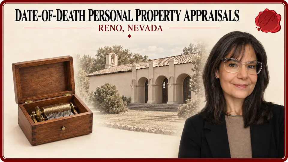 Date-of-Death Personal Property Appraisals in Reno, Nevada Date-of-Death Personal Property Appraisals card with open wooden music box, an appraiser portrait and the California Building in Reno, Nevada.
