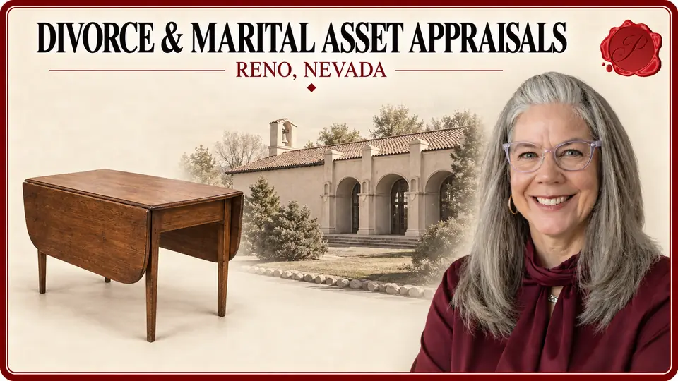 Divorce & Marital Asset Appraisals in Reno, Nevada Divorce & Marital Asset Appraisals card with wooden drop-leaf table, an appraiser portrait and the California Building in Reno, Nevada.