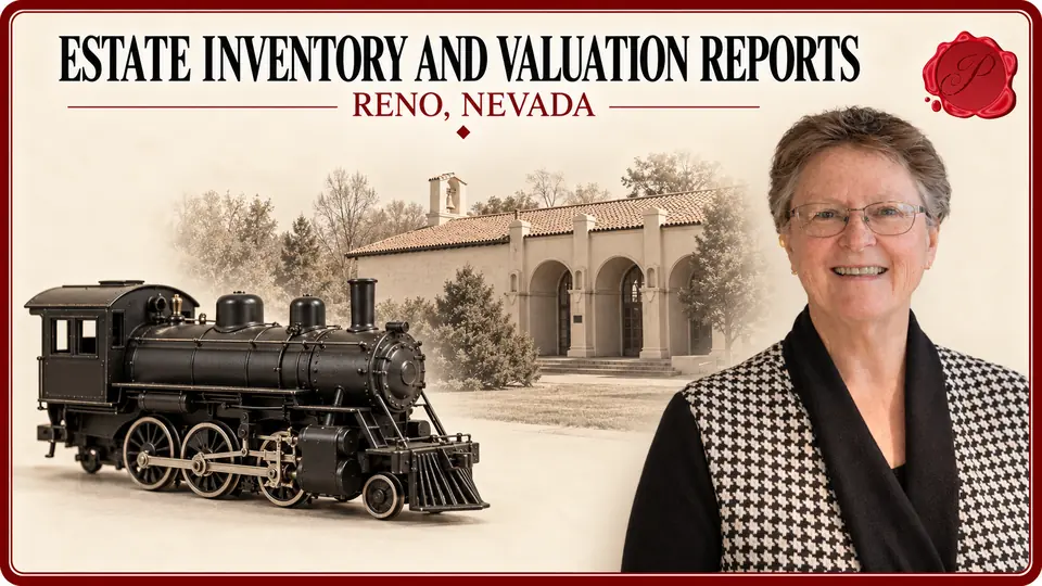 Estate Inventory and Valuation Reports in Reno, Nevada Estate Inventory and Valuation Reports card with black model steam locomotive, an appraiser portrait and the California Building in Reno, Nevada.