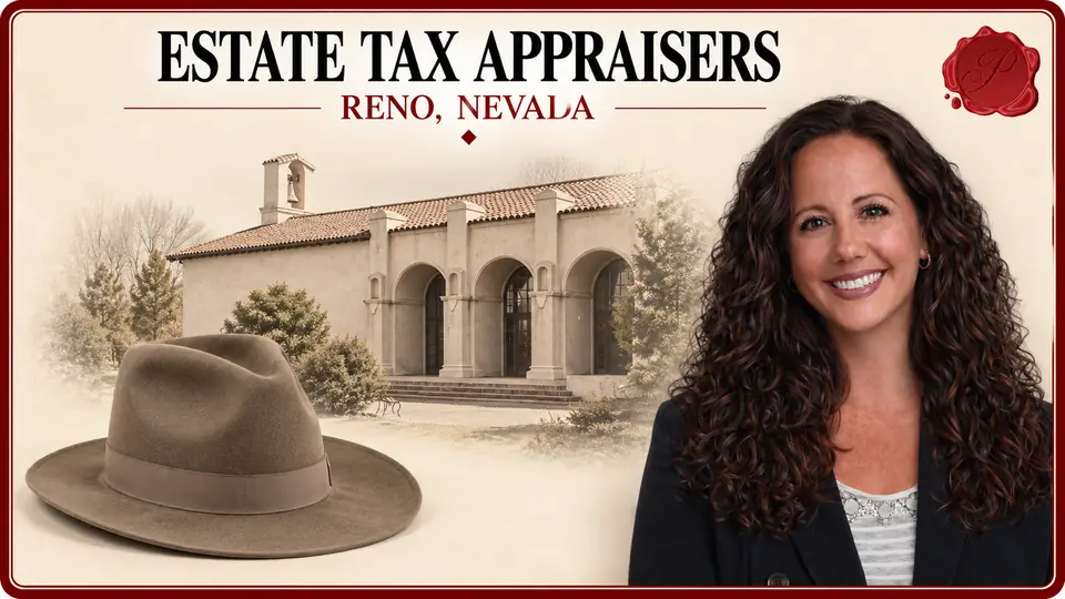 Estate Tax Appraisers in Reno, Nevada Estate Tax Appraisers card with plain felt hat, an appraiser portrait and the California Building in Reno, Nevada.