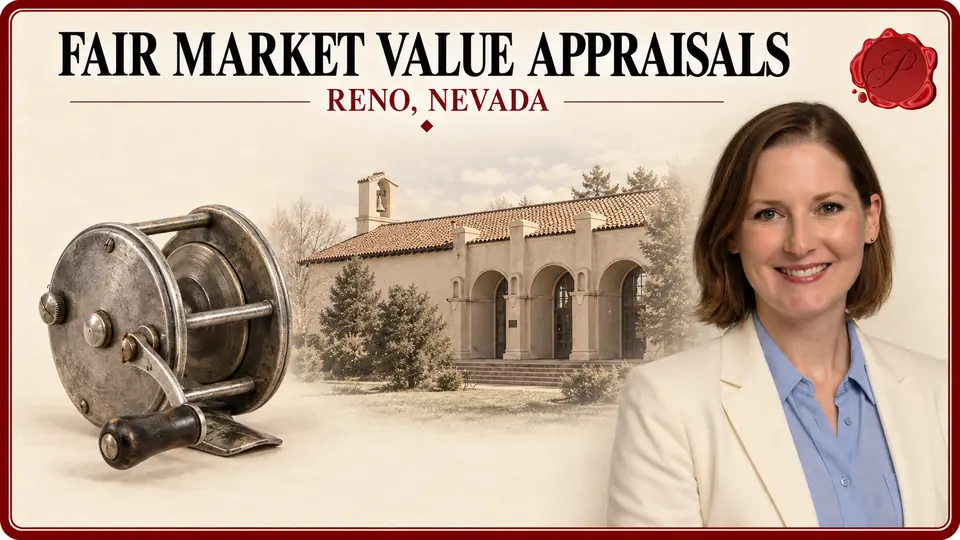 Fair Market Value Appraisals in Reno, Nevada Fair Market Value Appraisals card with metal fishing reel, an appraiser portrait and the California Building in Reno, Nevada.