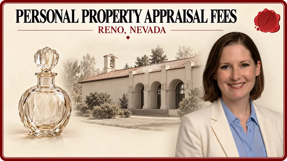 Personal Property Appraisal Fees in Reno, Nevada Personal Property Appraisal Fees card with clear glass perfume bottle, an appraiser portrait and the California Building in Reno, Nevada.
