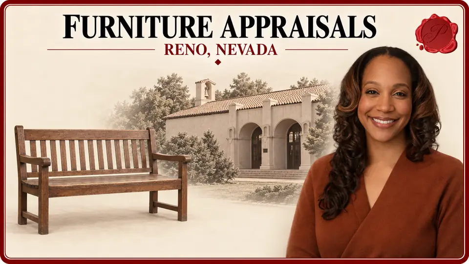 Furniture Appraisals in Reno, Nevada Furniture Appraisals card with wooden bench, an appraiser portrait and the California Building in Reno, Nevada.
