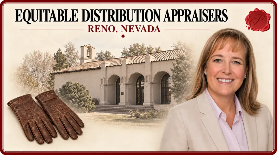 Equitable Distribution Appraisers in Reno, Nevada Equitable Distribution Appraisers card with pair of brown leather gloves, an appraiser portrait and the California Building in Reno, Nevada.