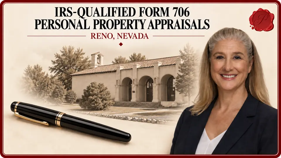 IRS-Qualified Form 706 Personal Property Appraisals in Reno, Nevada IRS-Qualified Form 706 Personal Property Appraisals card with closed black fountain pen, an appraiser portrait and the California Building in Reno, Nevada.