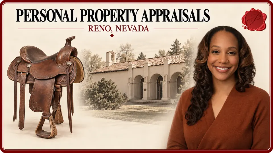Personal Property Appraisals in Reno, Nevada Personal Property Appraisals card with brown leather saddle, an appraiser portrait and the California Building in Reno, Nevada.
