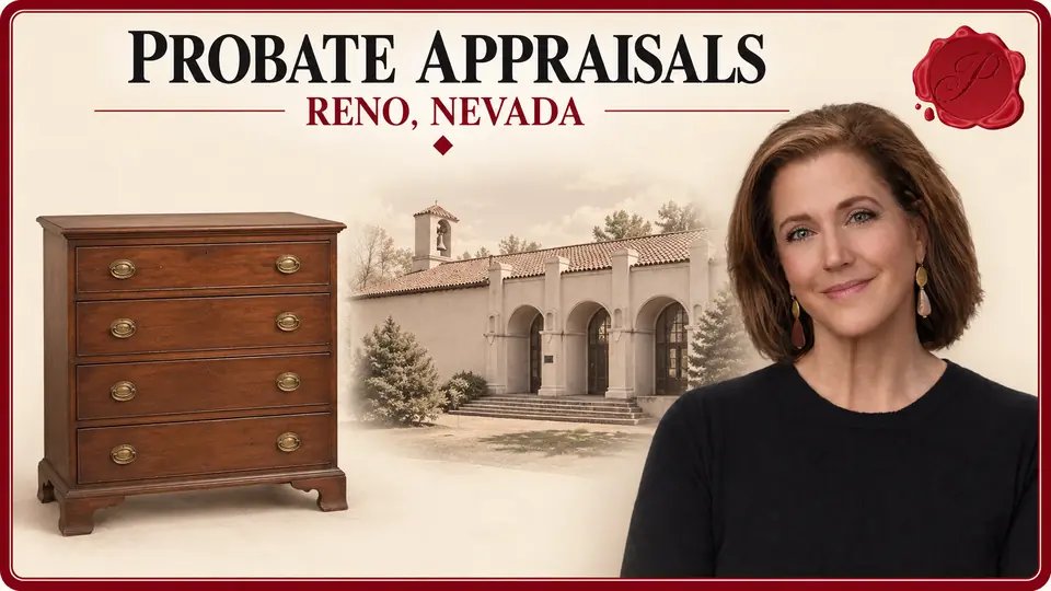 Probate Appraisals in Reno, Nevada Probate Appraisals card with wooden chest of drawers, an appraiser portrait and the California Building in Reno, Nevada.