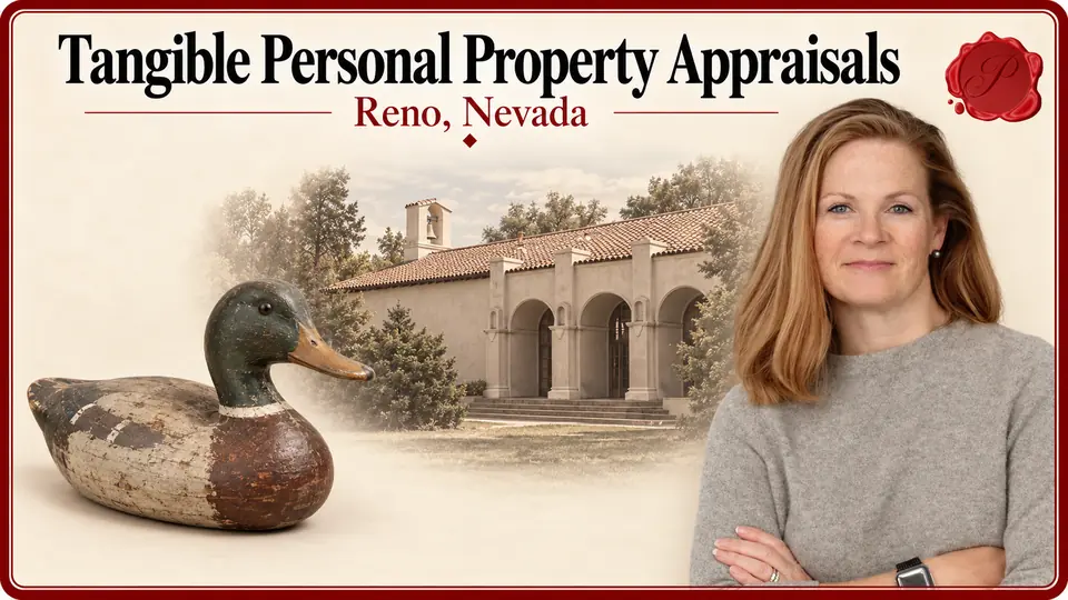 Tangible Personal Property Appraisals in Reno, Nevada Tangible Personal Property Appraisals card with painted wooden duck decoy, an appraiser portrait and the California Building in Reno, Nevada.