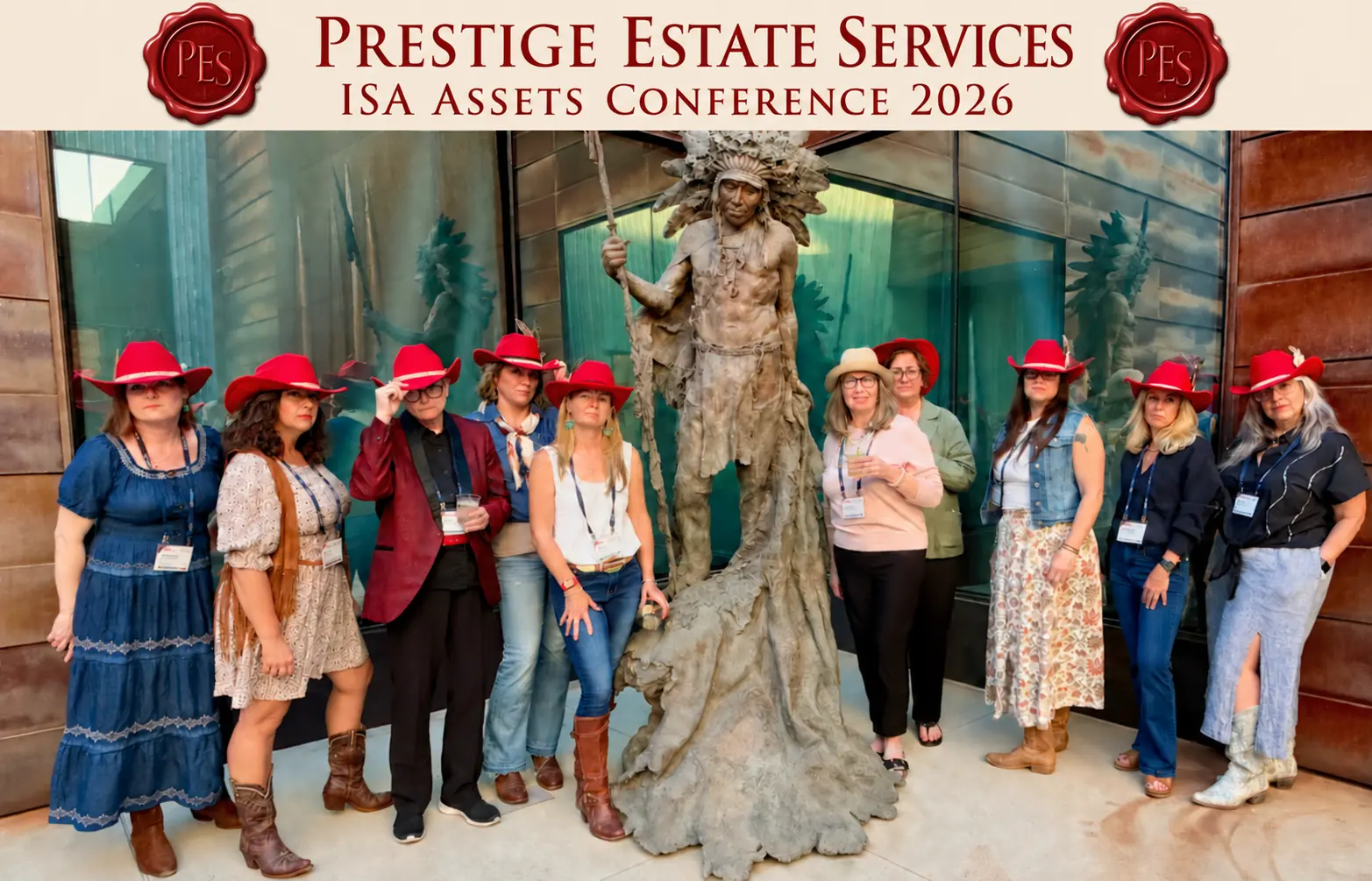 Scottsdale personal property appraiser team photo in front of Western Spirit: Scottsdale’s Museum of the West, in Old Town Scottsdale, within the Phoenix metro area featuring John Coleman’s An Honored Life in the museum’s Christine and Ted Mollring Sculpture Courtyard.