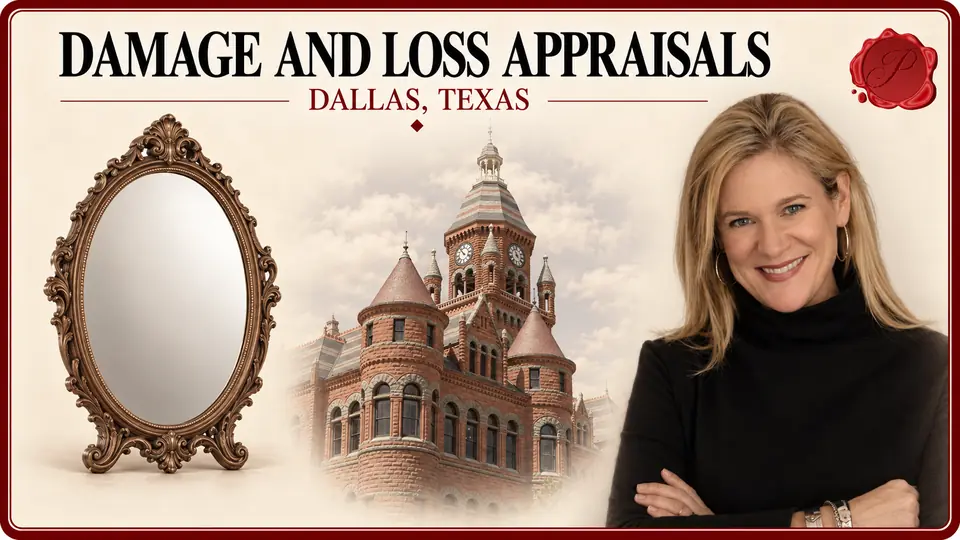 Damage and Loss Appraisals in Dallas, Texas Damage and Loss Appraisals card with oval mirror in an ornate frame, an appraiser portrait and Old Red Courthouse in Dallas, Texas.