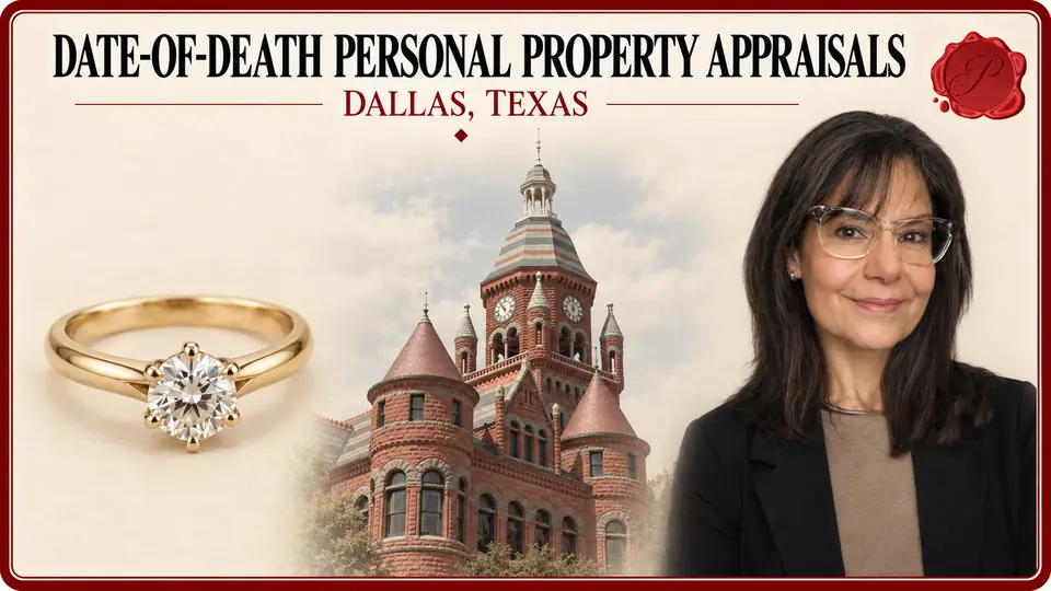 Date-of-Death Personal Property Appraisals in Dallas, Texas Date-of-Death Personal Property Appraisals card with gold-colored ring with a clear gemstone, an appraiser portrait and Old Red Courthouse in Dallas, Texas.