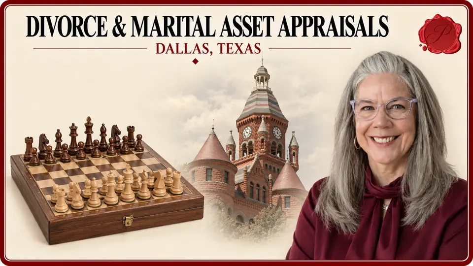 Divorce & Marital Asset Appraisals in Dallas, Texas Divorce & Marital Asset Appraisals card with wooden chess set, an appraiser portrait and Old Red Courthouse in Dallas, Texas.