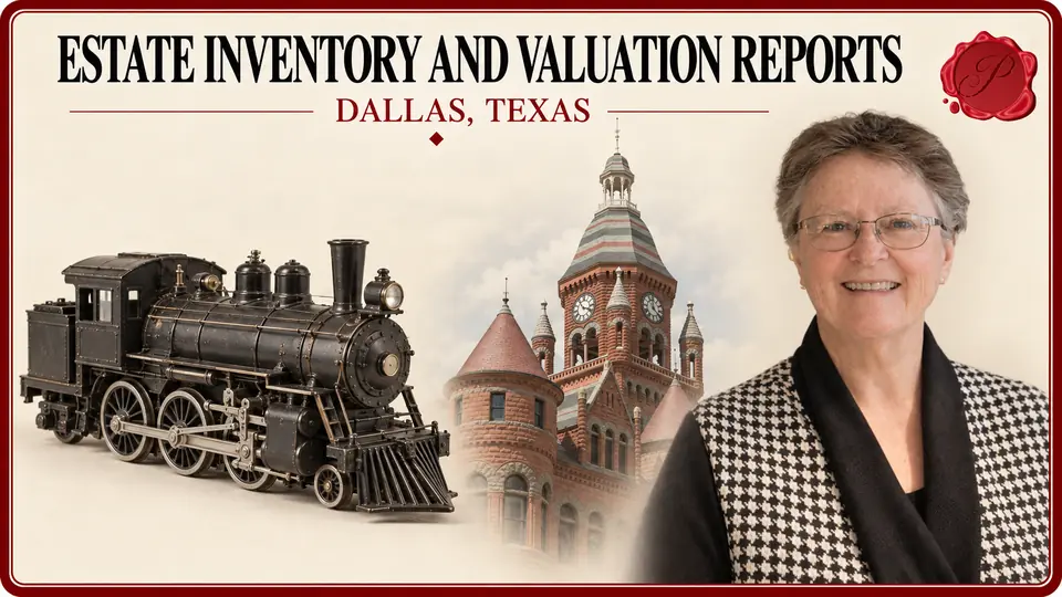 Estate Inventory and Valuation Reports in Dallas, Texas Estate Inventory and Valuation Reports card with black model steam locomotive, an appraiser portrait and Old Red Courthouse in Dallas, Texas.