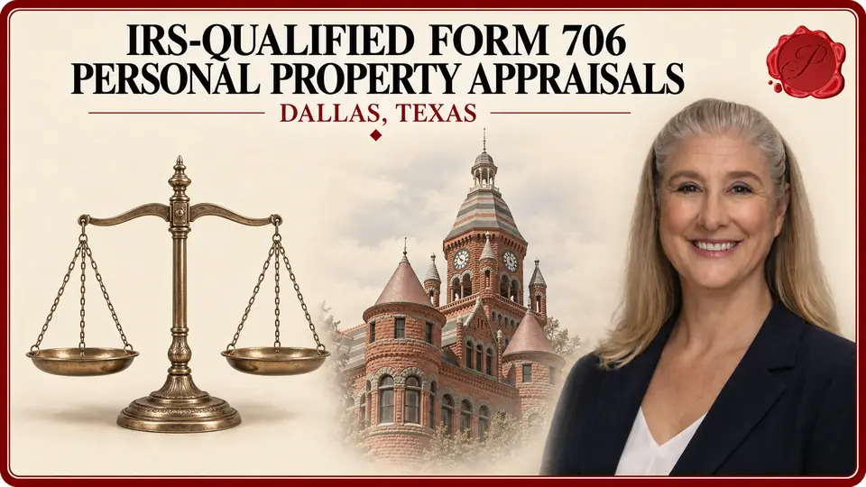 IRS-Qualified Form 706 Personal Property Appraisals in Dallas, Texas IRS-Qualified Form 706 Personal Property Appraisals card with two-pan mechanical balance scale, an appraiser portrait and Old Red Courthouse in Dallas, Texas.