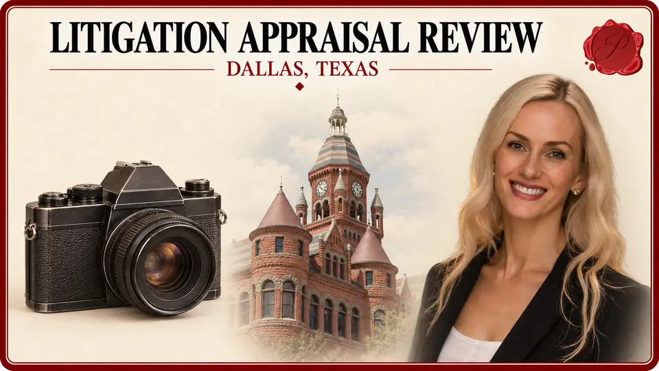 Litigation Appraisal Review in Dallas, Texas Litigation Appraisal Review card with black camera, an appraiser portrait and Old Red Courthouse in Dallas, Texas.