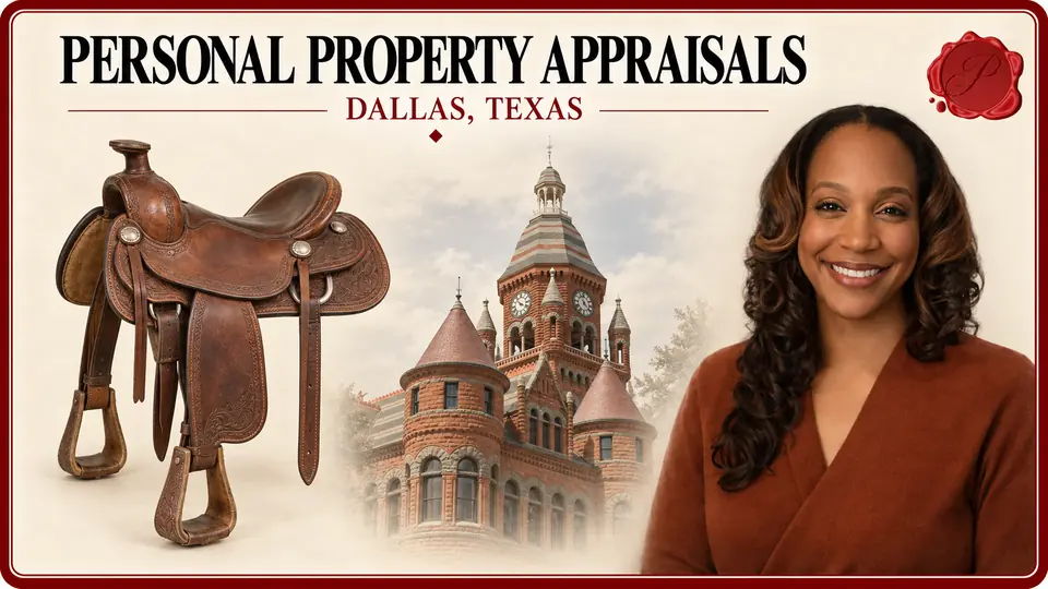 Personal Property Appraisals in Dallas, Texas Personal Property Appraisals card with brown leather saddle, an appraiser portrait and Old Red Courthouse in Dallas, Texas.