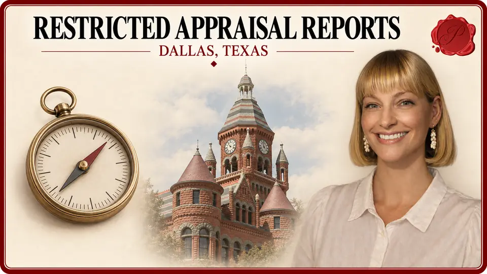 Restricted Appraisal Reports in Dallas, Texas Restricted Appraisal Reports card with brass-colored compass, an appraiser portrait and Old Red Courthouse in Dallas, Texas.
