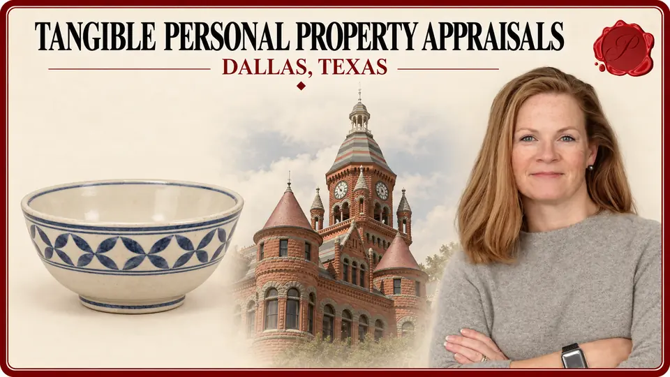 Tangible Personal Property Appraisals in Dallas, Texas Tangible Personal Property Appraisals card with blue-and-cream ceramic bowl, an appraiser portrait and Old Red Courthouse in Dallas, Texas.