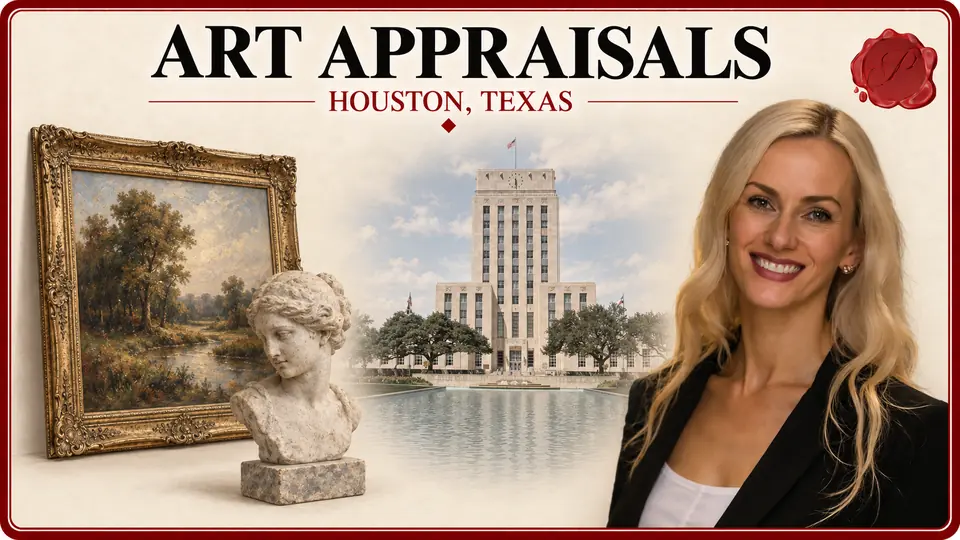 Art Appraisals card for Houston, Texas, with an original-looking traditional oil painting and a small stone sculpture, an appraiser portrait and Houston City Hall.