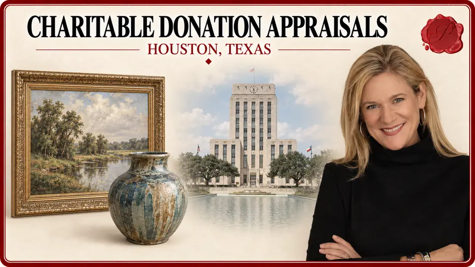 Charitable Donation Appraisals card for Houston, Texas, with a framed painting and a ceramic art vessel, an appraiser portrait and Houston City Hall.