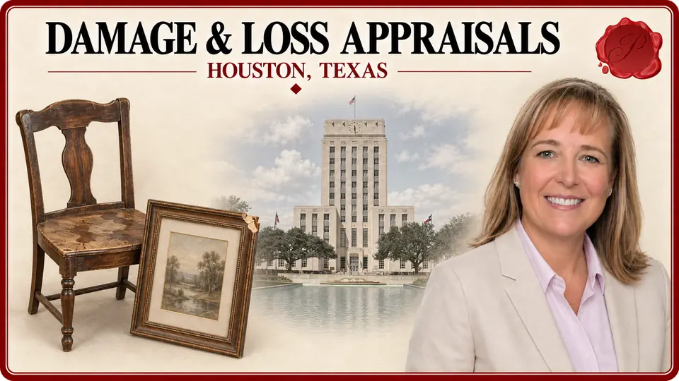 Damage & Loss Appraisals card for Houston, Texas, with a realistically water-stained antique wooden chair and a picture frame with a small chipped corner, an appraiser portrait and Houston City Hall.