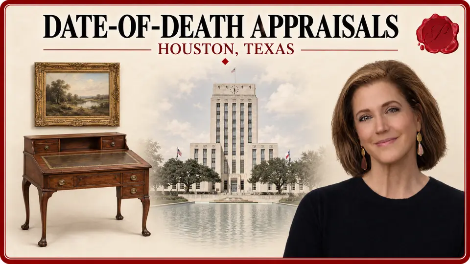 Date-of-Death Appraisals card for Houston, Texas, with a small framed landscape painting and an antique writing desk, an appraiser portrait and Houston City Hall.