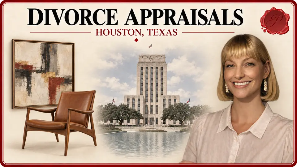 Divorce Appraisals card for Houston, Texas, with a framed abstract painting and an elegant mid-century wooden chair, an appraiser portrait and Houston City Hall.