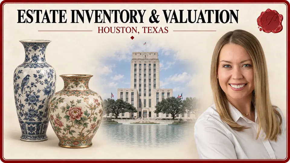 Estate Inventory & Valuation card for Houston, Texas, with two visibly different antique porcelain vases, an appraiser portrait and Houston City Hall.