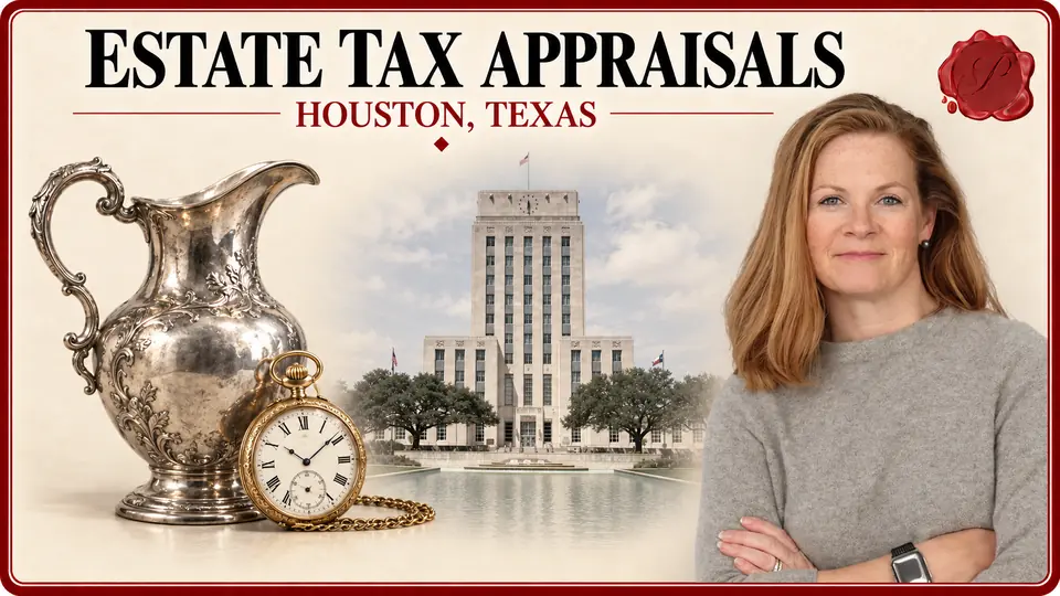Estate Tax Appraisals card for Houston, Texas, with a silver serving pitcher and a vintage gold pocket watch, an appraiser portrait and Houston City Hall.