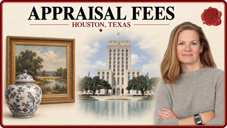Appraisal Fees card for Houston, Texas, with a framed painting and a decorative ceramic vessel, an appraiser portrait and Houston City Hall.
