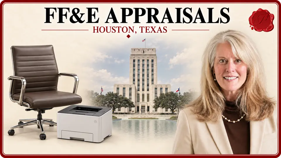 FF&E Appraisals card for Houston, Texas, with a commercial conference chair and a compact desktop printer, an appraiser portrait and Houston City Hall.