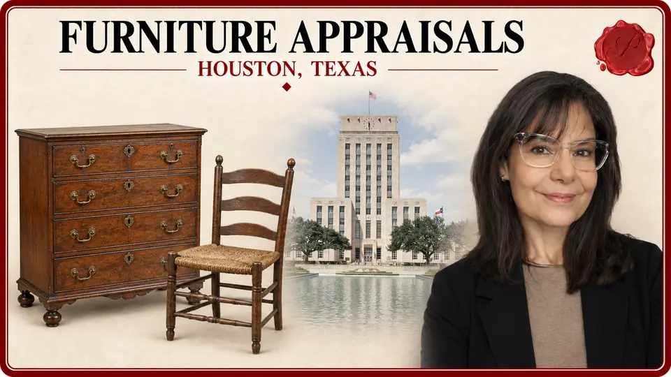 Furniture Appraisals card for Houston, Texas, with an antique chest of drawers and a woven-seat wooden chair, an appraiser portrait and Houston City Hall.