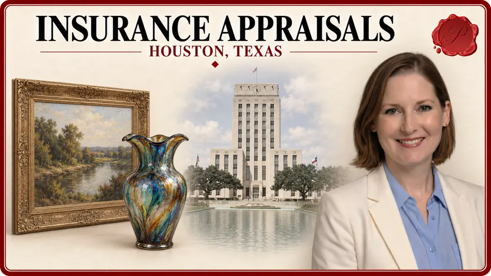 Insurance Appraisals card for Houston, Texas, with a framed painting and a decorative art-glass vase, an appraiser portrait and Houston City Hall.