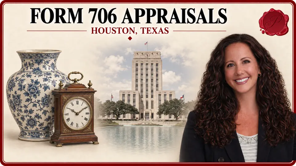Form 706 Appraisals card for Houston, Texas, with a ceramic vase and an antique clock, an appraiser portrait and Houston City Hall.