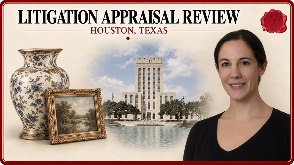 Litigation Appraisal Review card for Houston, Texas, with an antique porcelain vase and a small framed painting, an appraiser portrait and Houston City Hall.