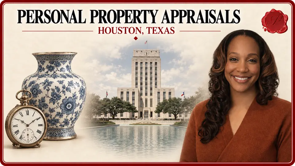 Personal property appraisal card for Houston, Texas, with a porcelain vase, pocket watch, appraiser portrait and Houston City Hall.