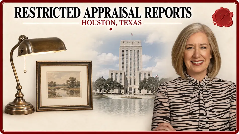 Restricted Appraisal Reports card for Houston, Texas, with a vintage desk lamp and a framed work on paper, an appraiser portrait and Houston City Hall.