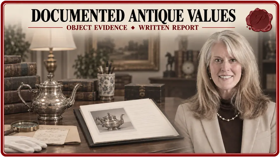 Appraiser beside a silver teapot, purchase records and written antique appraisal report.