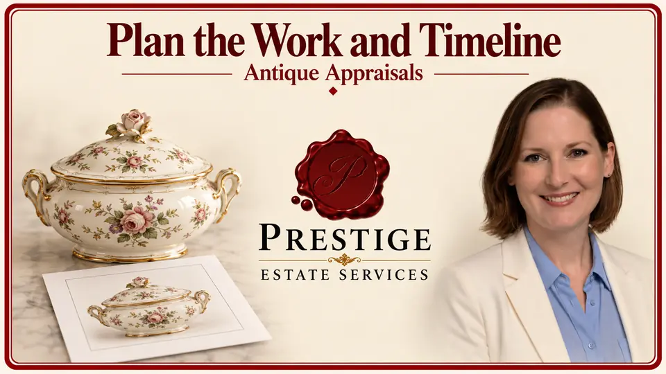 Antique appraisal illustrated by a porcelain tureen and matching inventory photograph, an appraiser and the Prestige logo.