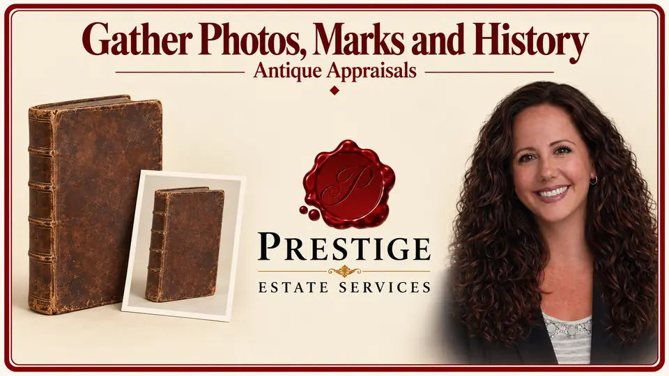 Antique appraisal illustrated by a leather-bound book and matching photograph, an appraiser and the Prestige logo.